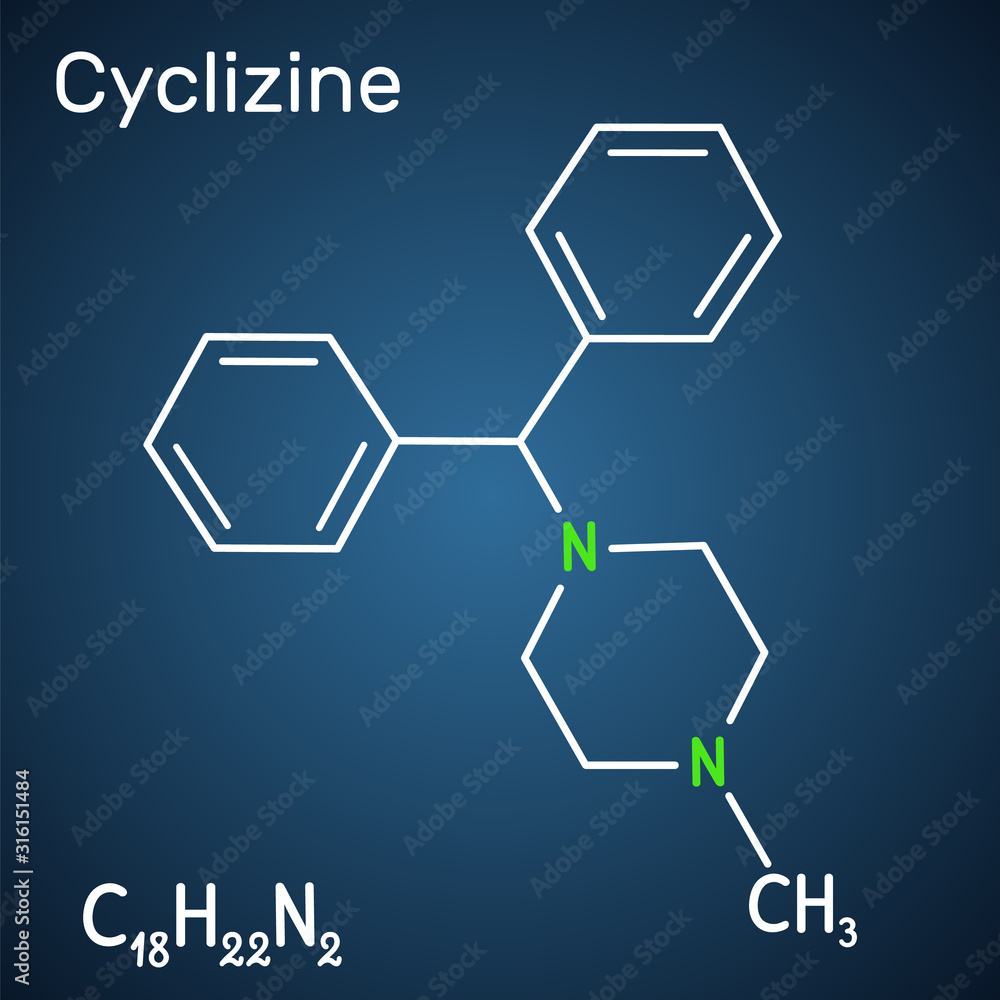 Cyclizine molecule. It is histamine H1 antagonist, is used to treat or