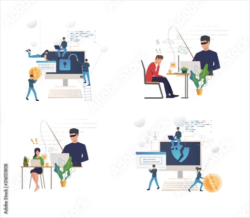 Set of cybercriminals cracking secured data. Flat vector illustrations of people stealing personal information. Computer security, phishing concept for banner, website design or landing web page