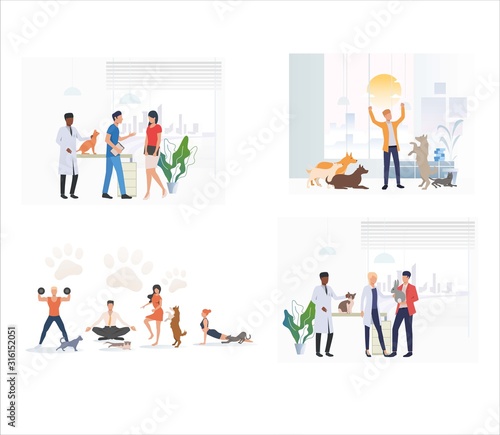 Set of pet owners taking care of pets. Flat vector illustrations of people exercising and playing with pets. Pets, animal shelter, veterinary concept for banner, website design or landing web page