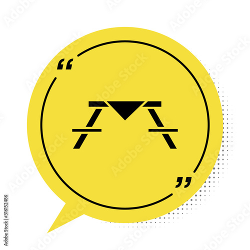 Black Picnic table with benches on either side of the table icon isolated on white background. Yellow speech bubble symbol. Vector Illustration