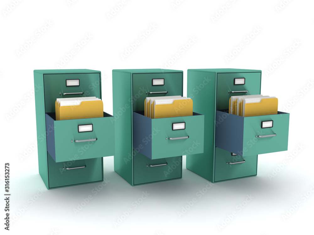 Three 3D File cabinets with folders in them Three 3D File cabinets with folders in them