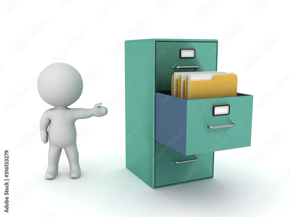 3D Character showing file cabinet with folders in it 3D Character showing file cabinet with folders in it