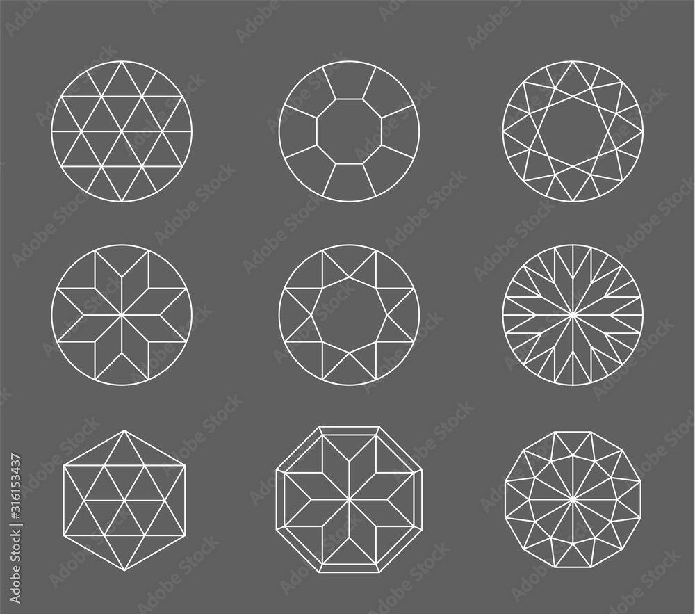 Diamond. Vector set of gems drawing line. Crystal forms. Geometric shapes of precious stones. Jewelry outline contour. Geometry figures. Diamond design elements