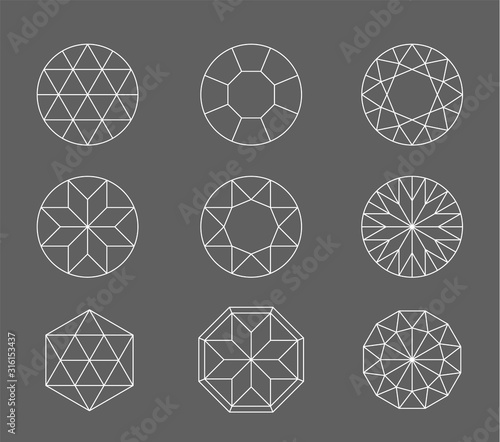 Diamond. Vector set of gems drawing line. Crystal forms. Geometric shapes of precious stones. Jewelry outline contour. Geometry figures. Diamond design elements