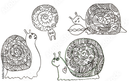 4 little doodle snailson a white photo