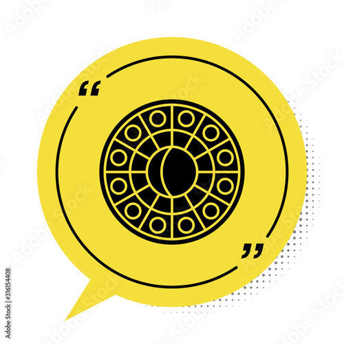 Black Astrology horoscope circle with zodiac icon isolated on white background. Yellow speech bubble symbol. Vector Illustration