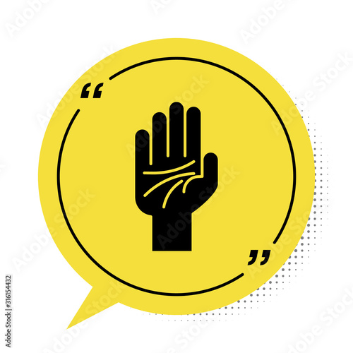 Black Palmistry of the hand icon isolated on white background. Yellow speech bubble symbol. Vector Illustration