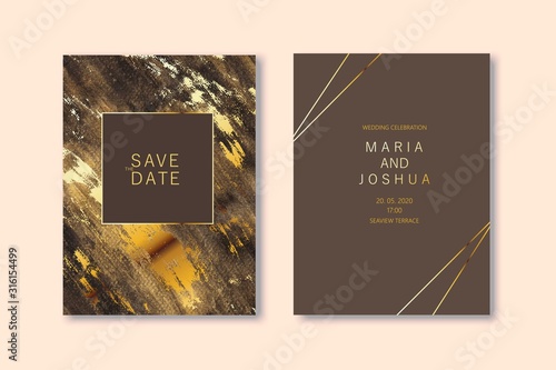 Modern card design. Marble texture. Gold, black colors brochure, flyer, wedding invitation template.