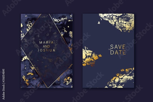 Modern card design. Marble texture. Gold, black colors brochure, flyer, wedding invitation template.