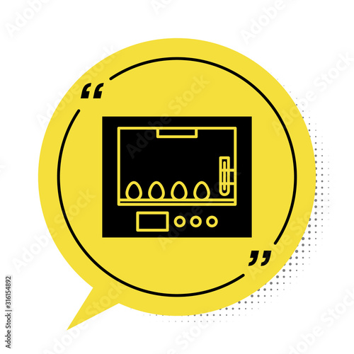Black Incubator for eggs icon isolated on white background. Yellow speech bubble symbol. Vector Illustration
