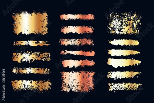 Set of hand drawn brush strokes, textures, backgrounds with golden gradient. Foil imitation.