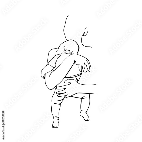 Mom with baby. Happy maternity.Hand draw single line art.