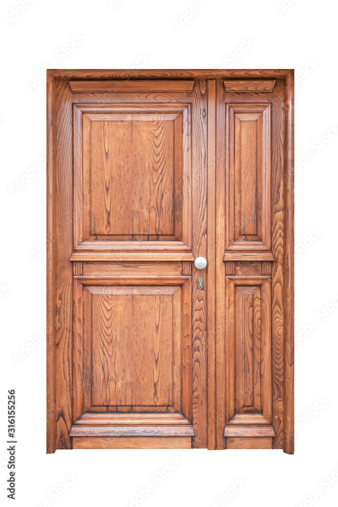 A frame and panel wooden main door isolated on white background
