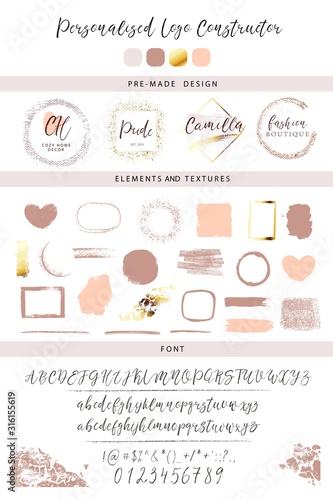 Design elements and font for logo creation. Pre made logos set. Brush strokes, shapes for business, branding style.
