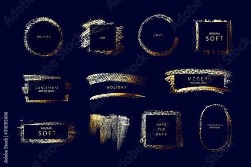 Golden foil grunge texture. Shiny glamour background, shape for logo, branding style, card, invitation.