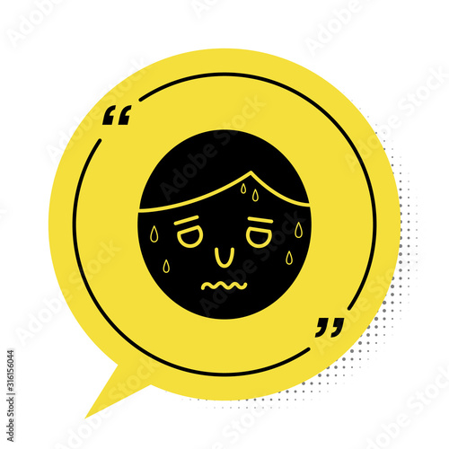 Black Man with excessive sweating icon isolated on white background. Yellow speech bubble symbol. Vector Illustration