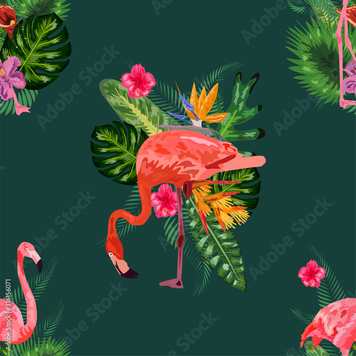 Beautiful seamless vector floral summer pattern background with tropical palm leaves, flamingo, hibiscus.