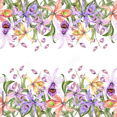 Beautiful exotic orchid flowers  Laelia  and monstera leaves on white background. Seamless tropical floral pattern  border. Fabric  wallpaper  bed linen  greeting card design.