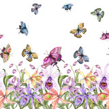 Beautiful exotic orchid flowers(Laelia), monstera leaves and flying butterflies on background. Seamless tropical floral pattern, border. Fabric, wallpaper, bed linen, greeting card design.