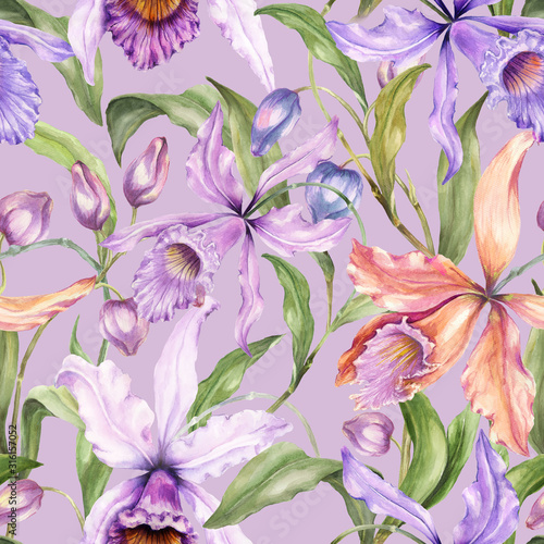 Beautiful exotic orchid flowers (Laelia) and green leaves on lilac background. Seamless tropical floral pattern. Watercolor painting. Hand drawn illustration. photo