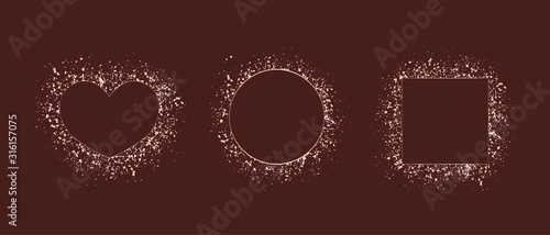 Heart shaped, circle, square frame with rose gold texture, shiny splatters.