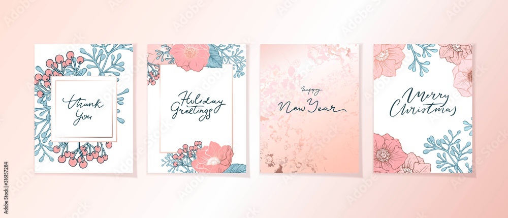 Elegant botaanical card template with flowers, anemones, berries , greenery and marble texture.