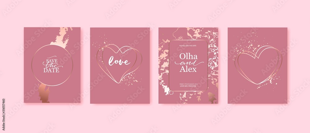 Pink cards with rose gold marble texture and heart shaped frames with splatters. Valentine's day. Pink cards with rose gold marble texture and heart shaped frames with splatters. Valentine's day.