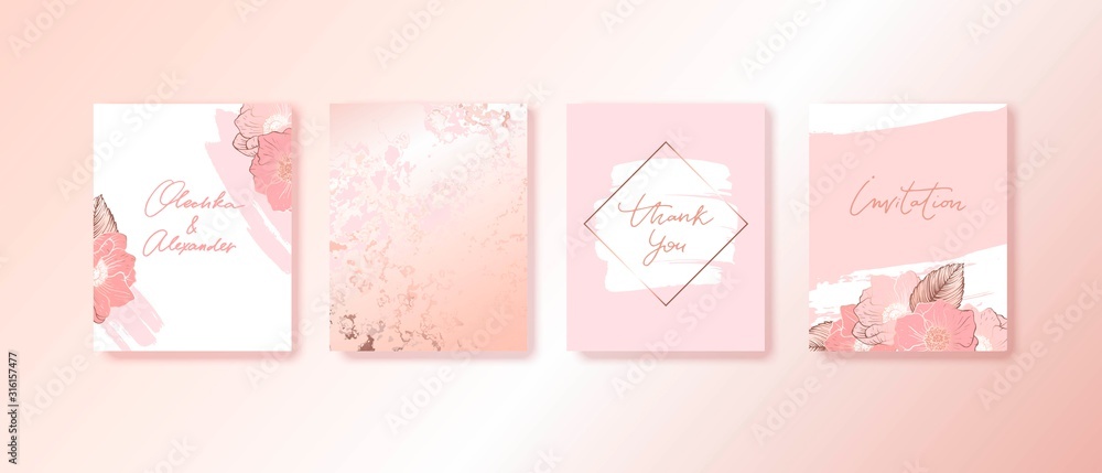 Elegant luxury card template with flowers, anemones and rose gold marble texture.