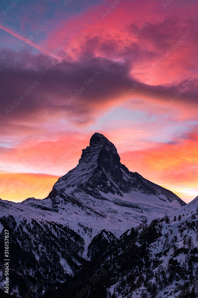 Naklejka premium Zermatt in Switzerland on a wonderful sunset