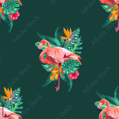 Tropical bird pink flamingo and flowers hibiscus, frangipani, orchid. Seamless pattern