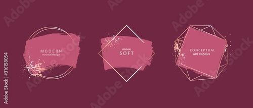 Brush strokes and geometric frames. Modern glamour composition for text, logo, with rose gold texture.