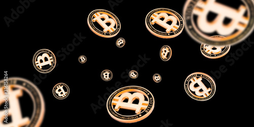 Bitcoin wallet. Gold Falling Cryptomoney isolated on dark. Litecoin  Ethereum Cryptocurrency background.