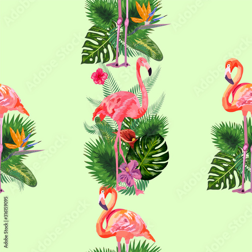 Beautiful seamless vector floral pattern background with pink flamingos  tropical flowers.