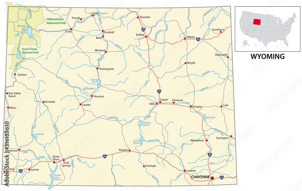 road map of the US American State of Wyoming