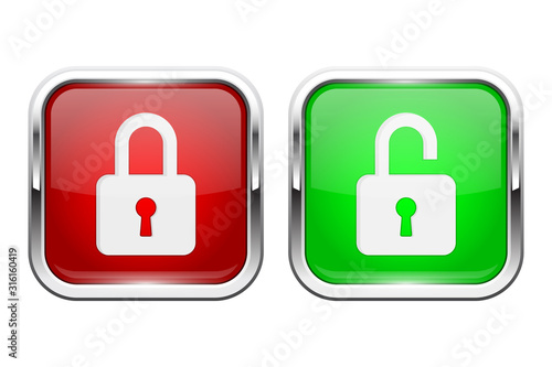 Locked and unlocked buttons. Glass 3d icons with chrome frame