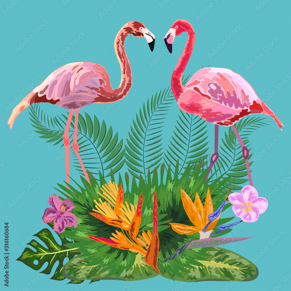 Decorated with exotic rain forest jungle palm tree monstera leaves and couple of pink flamingo birds.
