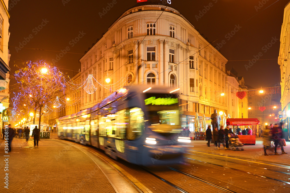 Tram in Zagreb city centre at night. Jurisiceva Ulica, Zagreb, Croatia