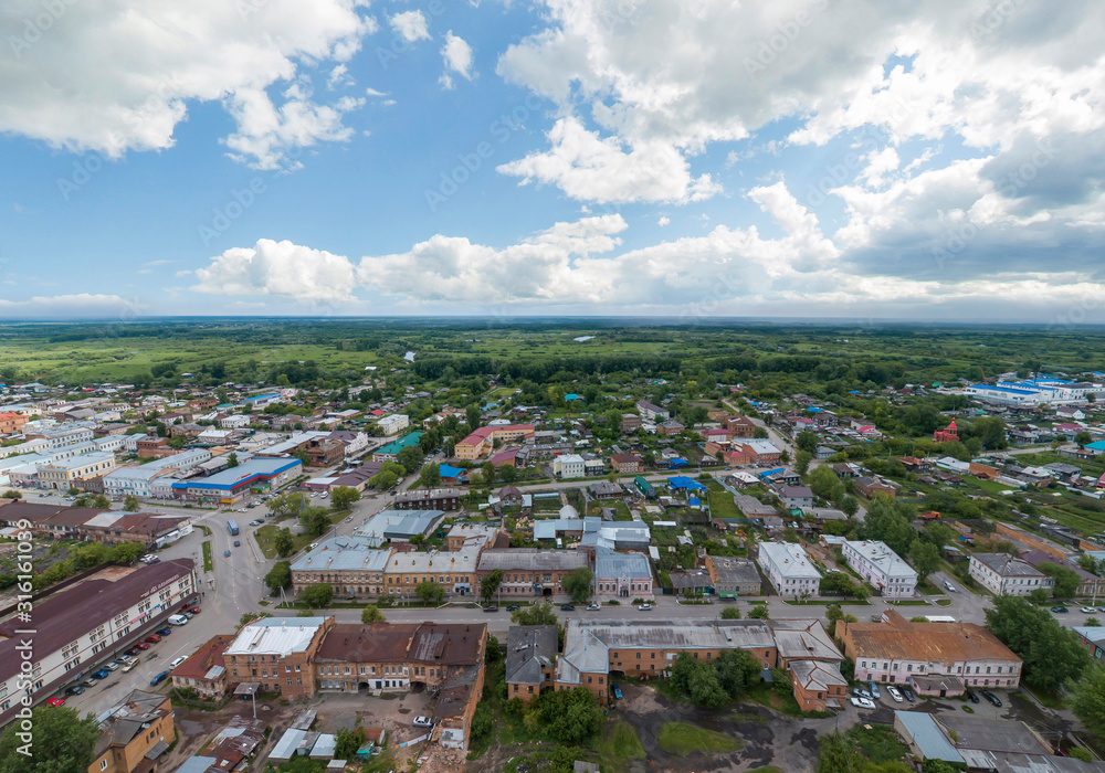 Aerial view of Irbit city. Russia, Sverdlovsk region, summer, cloudy day