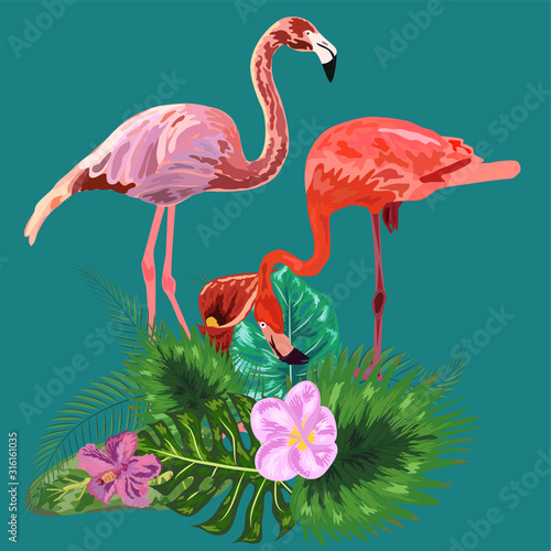 Decorated with exotic rain forest jungle palm tree monstera green leaves and couple of pink flamingo birds. © MichiruKayo
