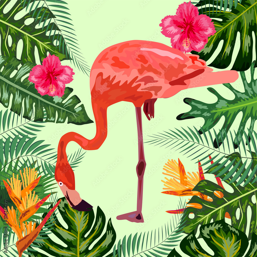 Tropical Flowers Background. Summer Design. Flamingo. T-shirt Fashion Graphic. Exotic.
