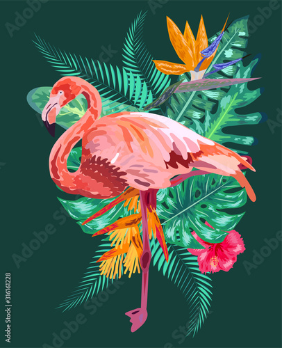 Tropical Flowers Background. Summer Design. Flamingo. T-shirt Fashion Graphic. Exotic.