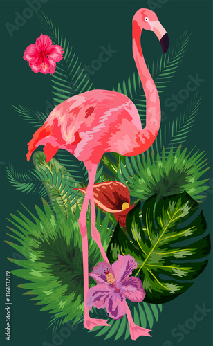 Tropical Flowers Background. Summer Design. Flamingo. T-shirt Fashion Graphic. Exotic.