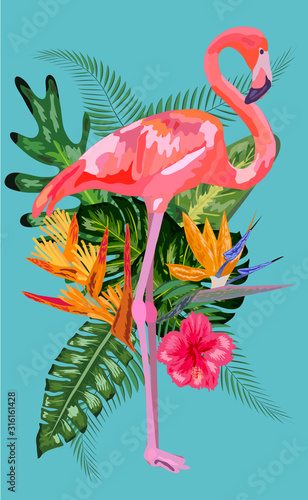 Tropical Flowers Background. Summer Design. Flamingo. T-shirt Fashion Graphic. Exotic.