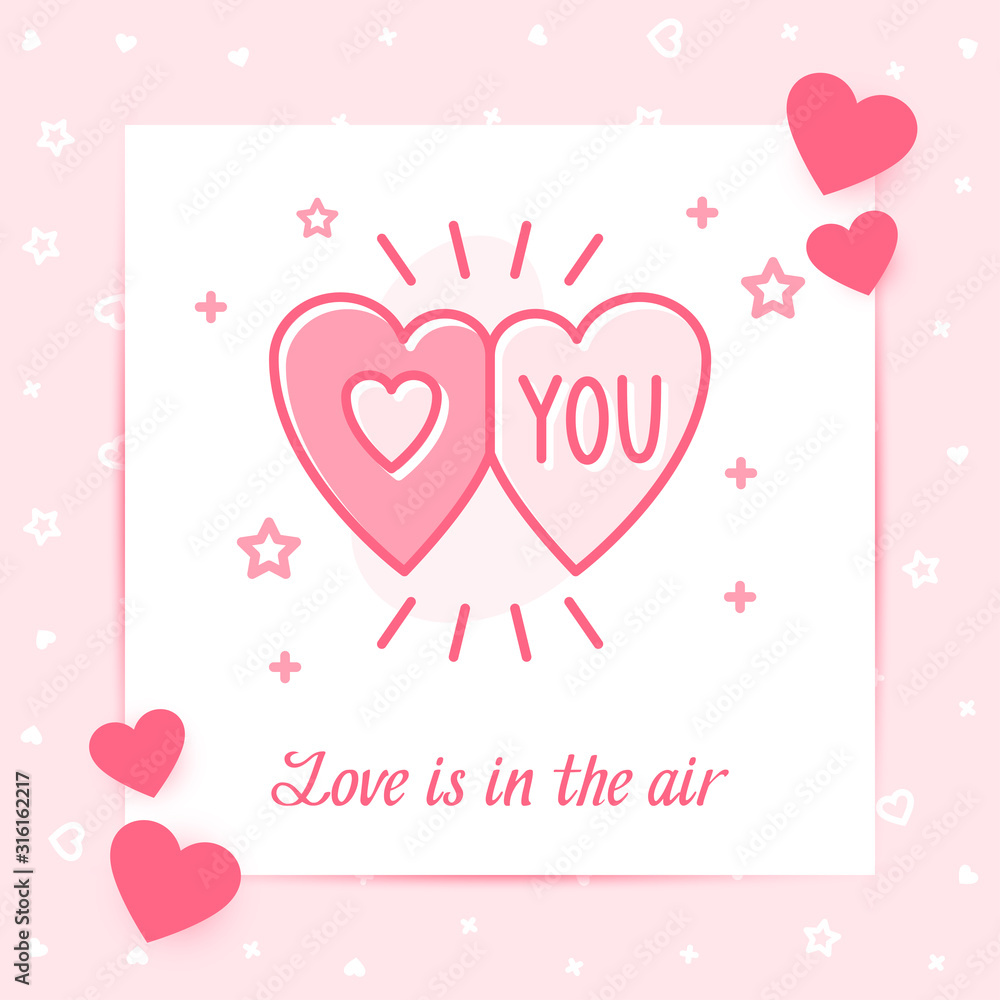 Two heart valentine card Love you text icon vector