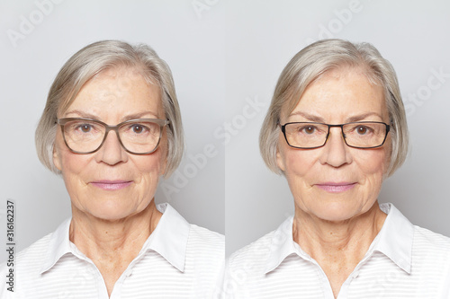 Shopping eyeglasses online with try-on feature: photo of a senior woman with two different frames. photo