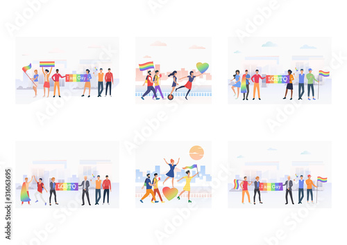 LGBT pride event set. Homosexual people walking with rainbow hearts and flags. Flat vector illustrations. March, proud, celebration concept for banner, website design or landing web page