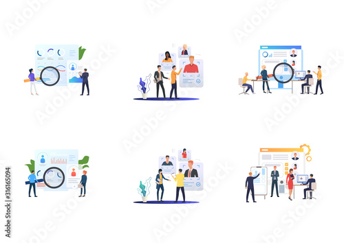 Recruiting agency set. Agents analyzing job candidates profiles. Flat vector illustrations. Career, human resource concept for banner, website design or landing web page