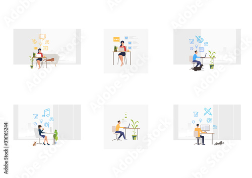Home workplace set. Designers, working on project, mailing, meeting deadline. Flat vector illustrations. Project management, freelance concept for banner, website design or landing web page