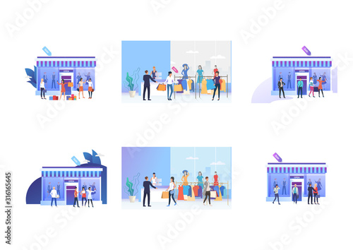 Fashion outlet set. Customers choosing and buying clothes in store. Flat vector illustrations. Shopping, purchase, business concept for banner, website design or landing web page