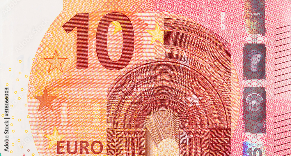Fragment part of 10 euro banknote close-up with small red details - obrazy, fototapety, plakaty 